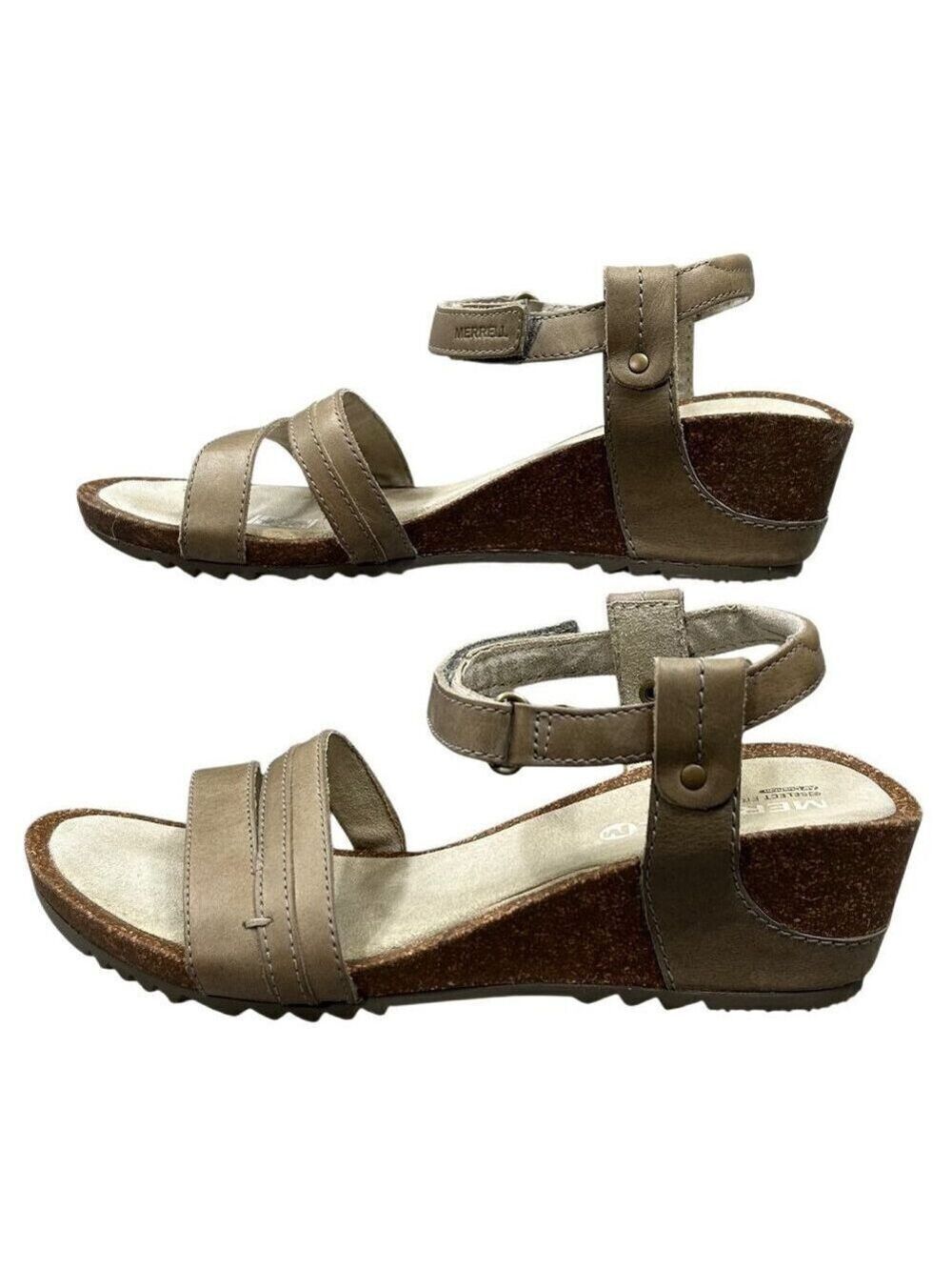 Merrell Revalli Aura Post Wedge Leather Cork Tan Sandals Size 7